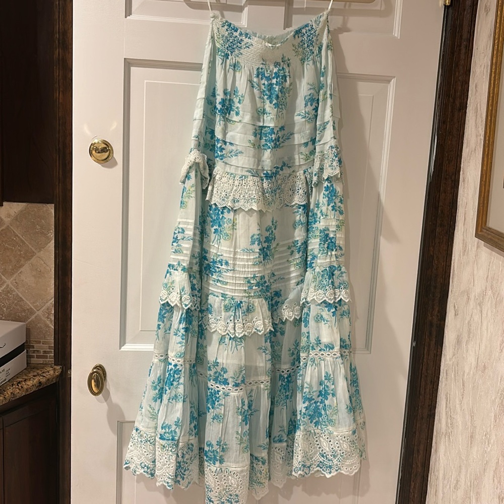 LoveShackFancy Blue and White Floral Maxi Skirt
